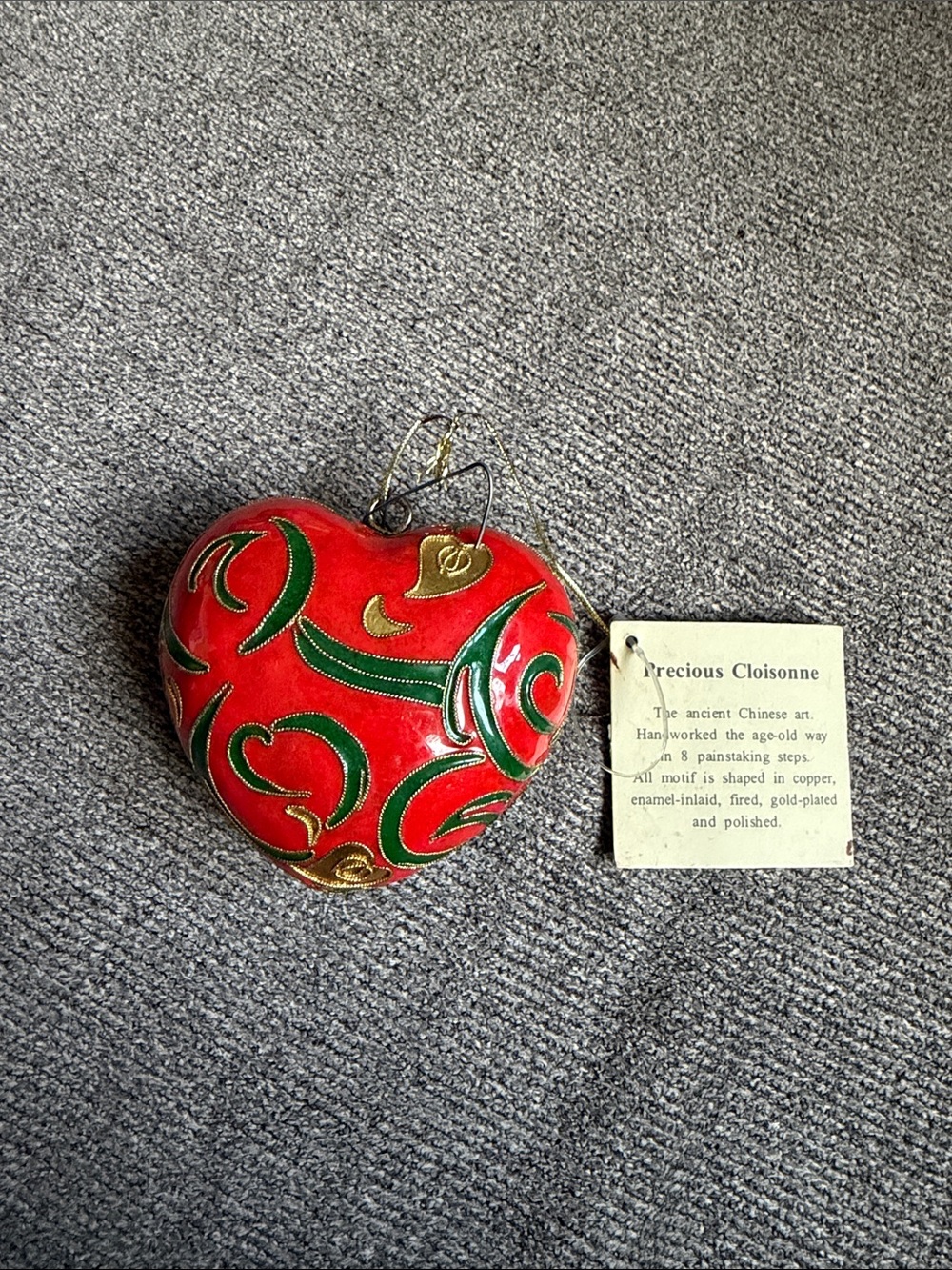 Cloisonné Red Heart Ornament with Green & Gold Accents
